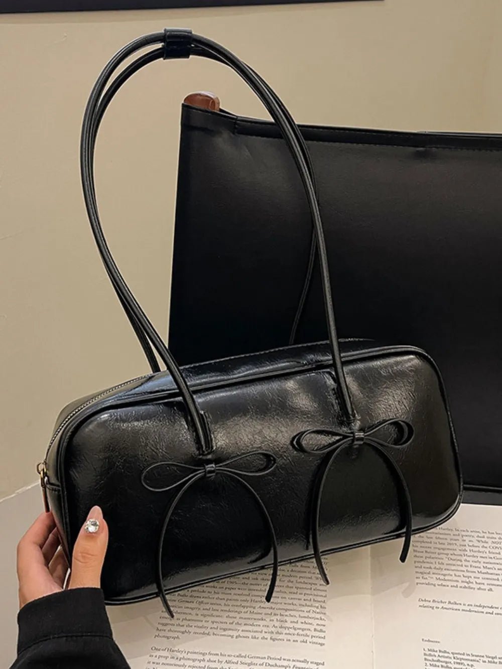 PU Leather Bow Trim Shoulder Bag - SuzRevera
