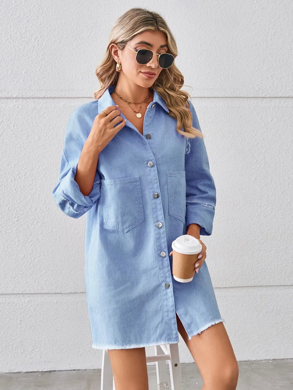 Raw Hem Button Up Denim Dress - SuzRevera