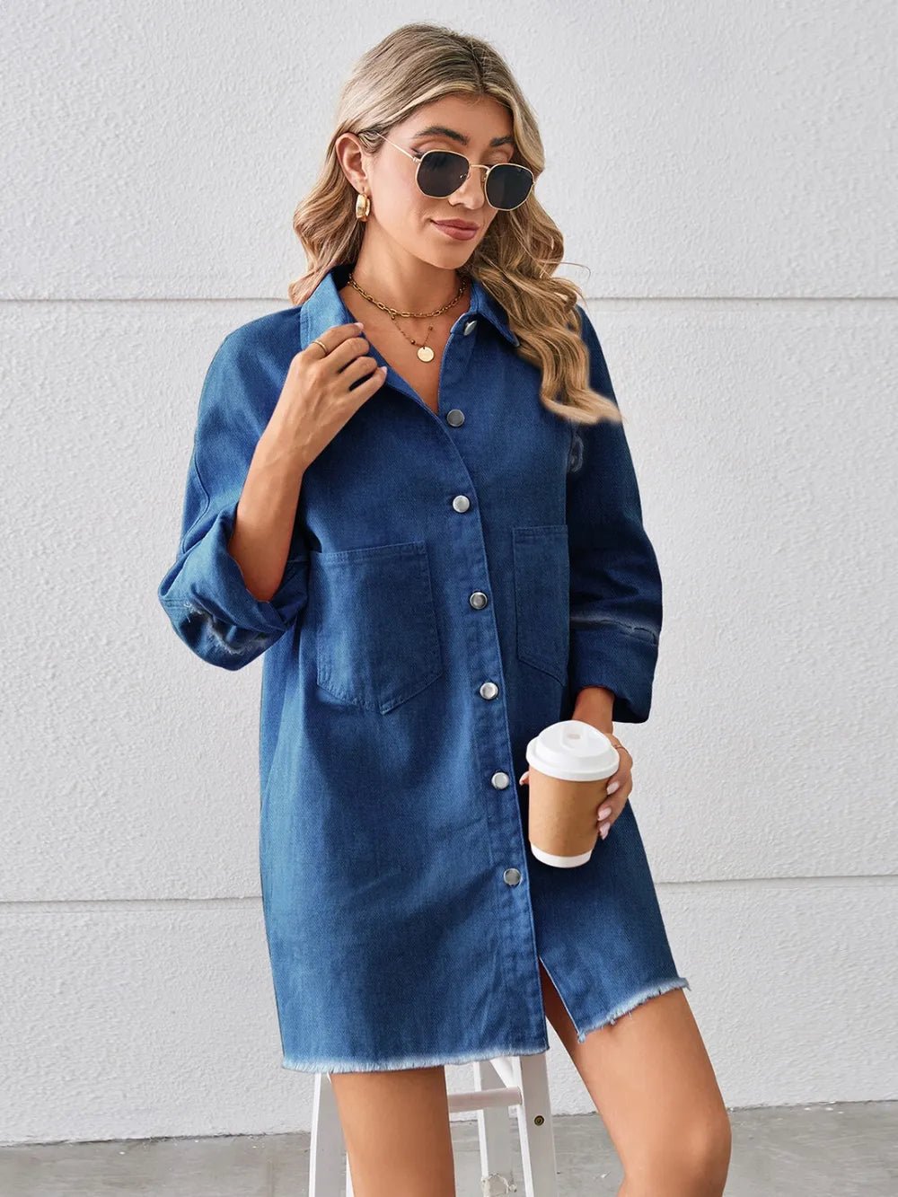 Raw Hem Button Up Denim Dress - SuzRevera