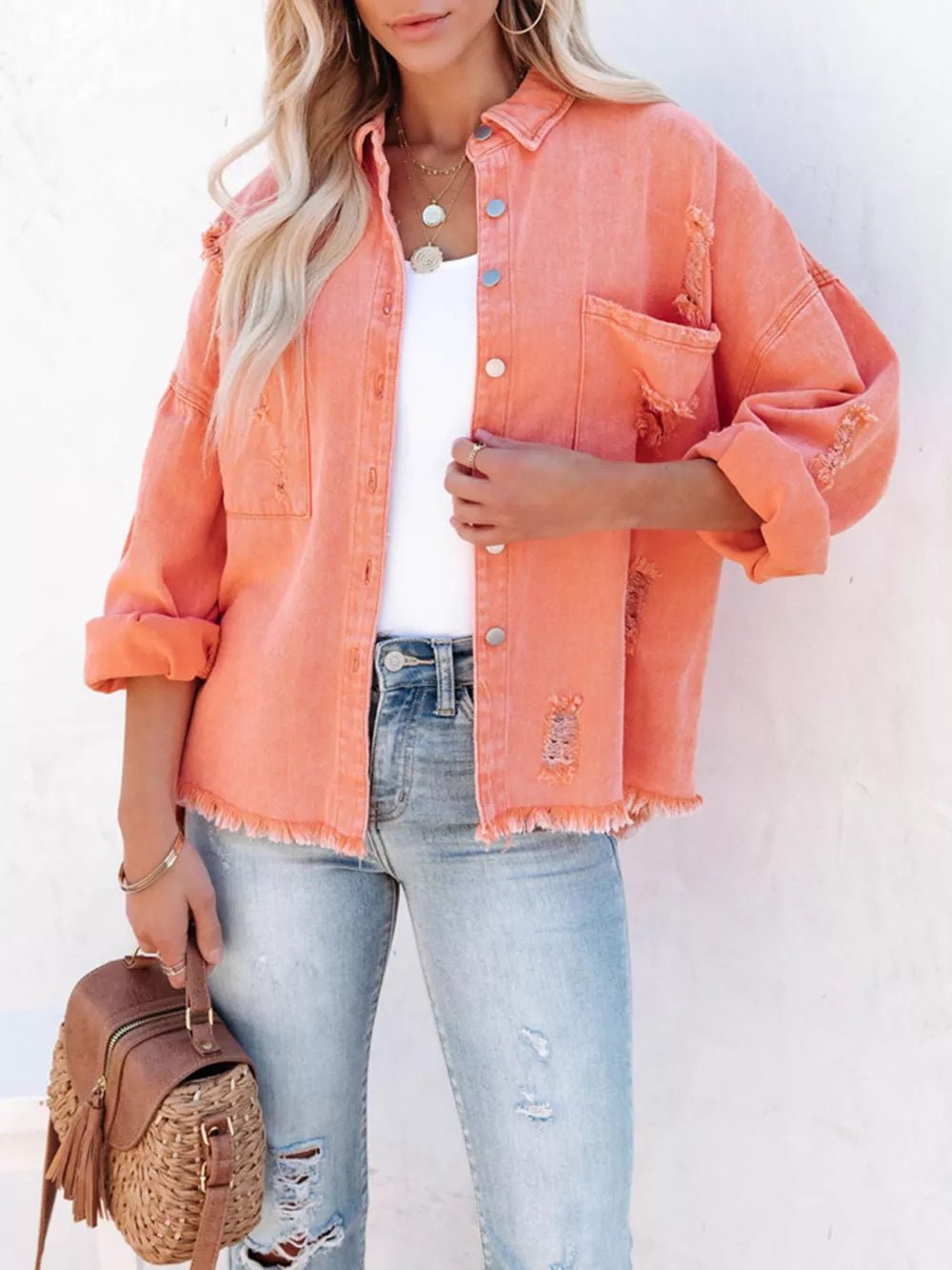 Raw Hem Button Up Denim Shacket - SuzRevera
