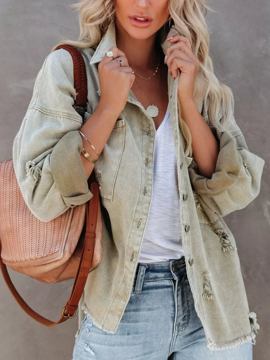 Raw Hem Button Up Denim Shacket - SuzRevera