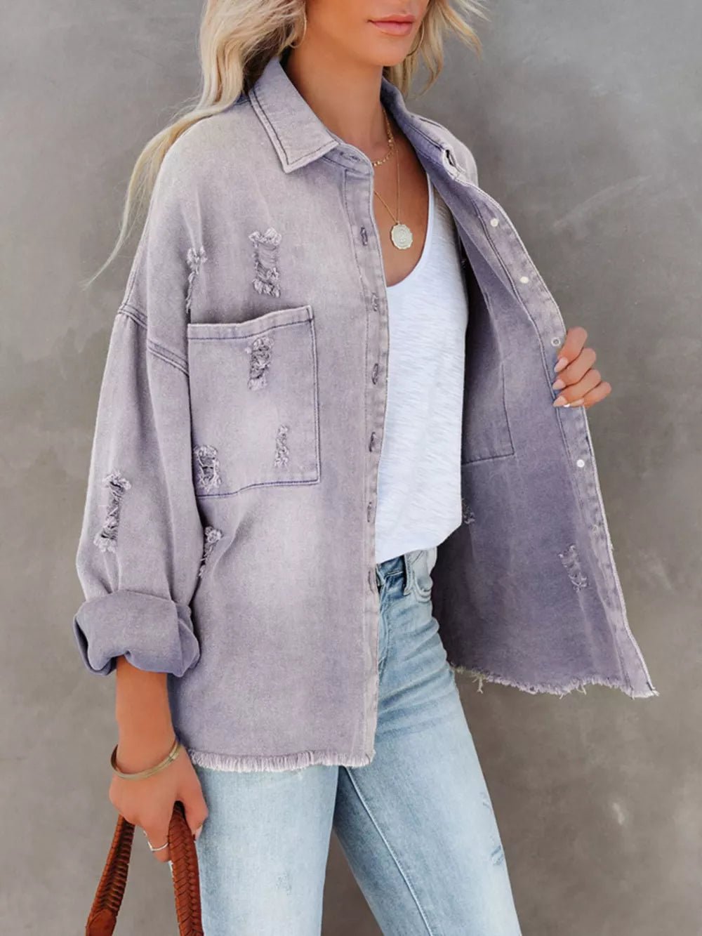 Raw Hem Button Up Denim Shacket - SuzRevera