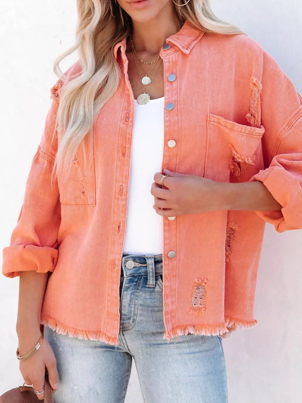 Raw Hem Button Up Denim Shacket - SuzRevera