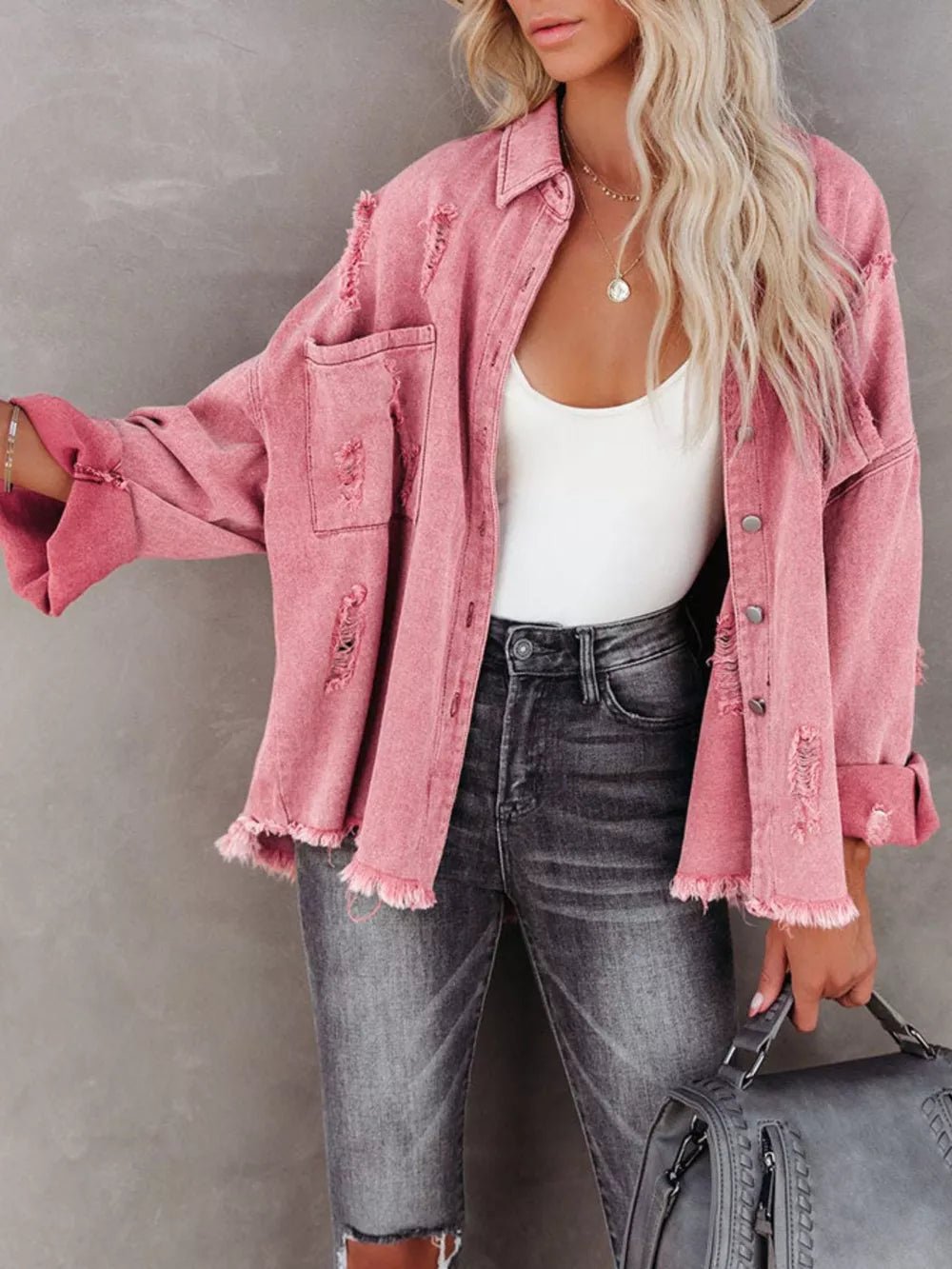 Raw Hem Button Up Denim Shacket - SuzRevera