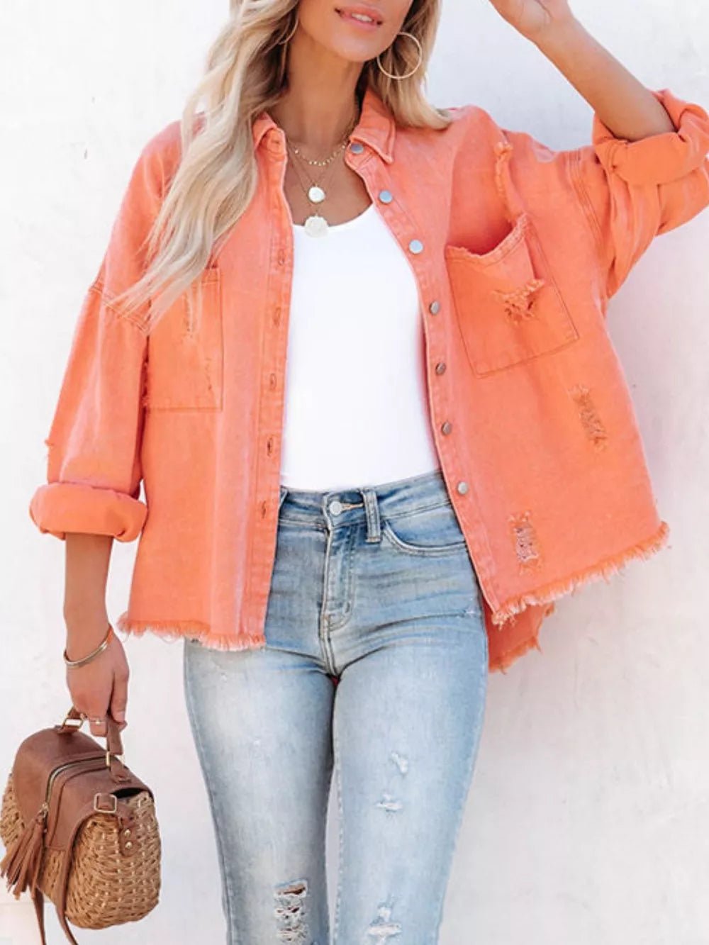 Raw Hem Button Up Denim Shacket - SuzRevera