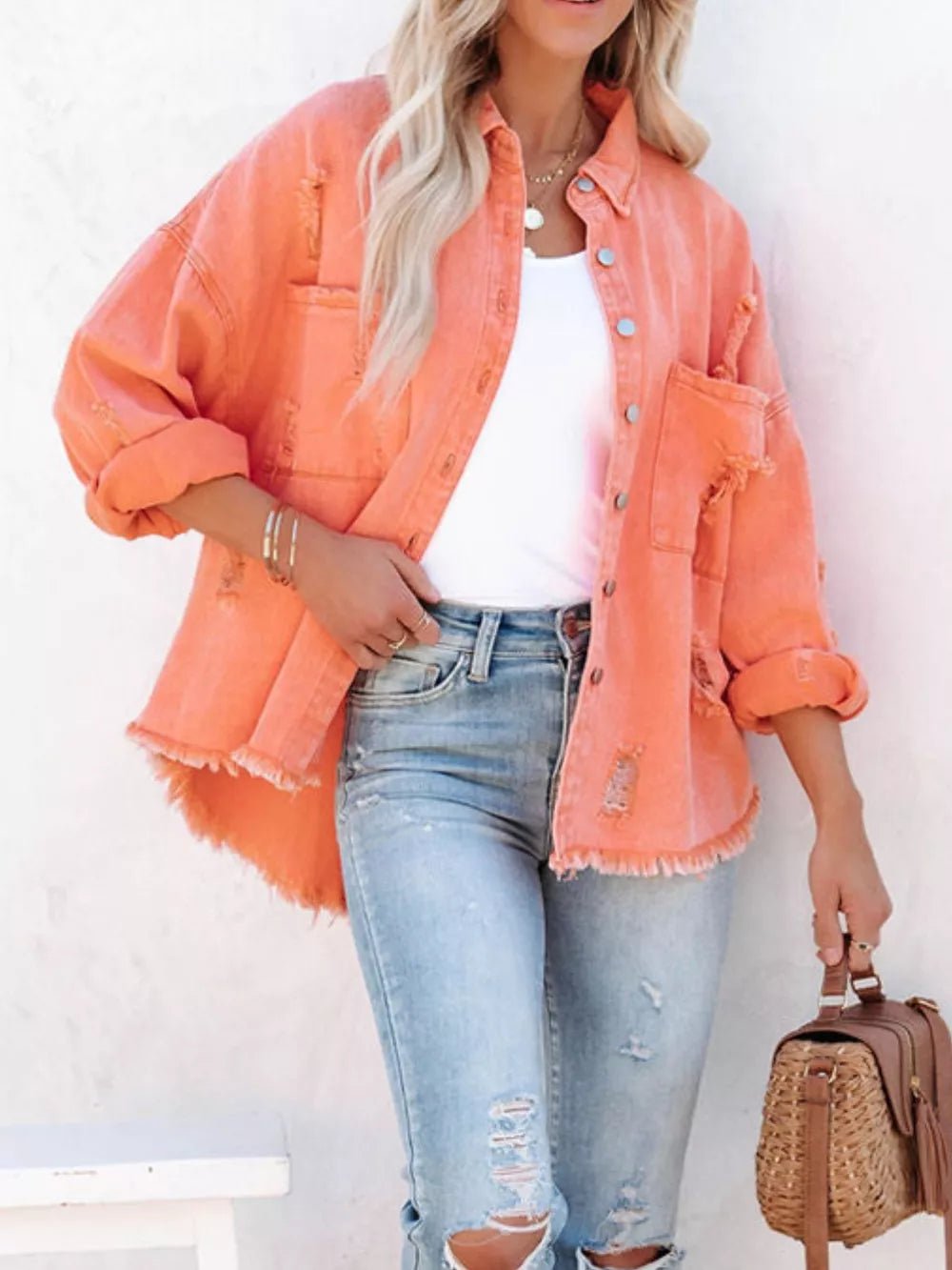 Raw Hem Button Up Denim Shacket - SuzRevera