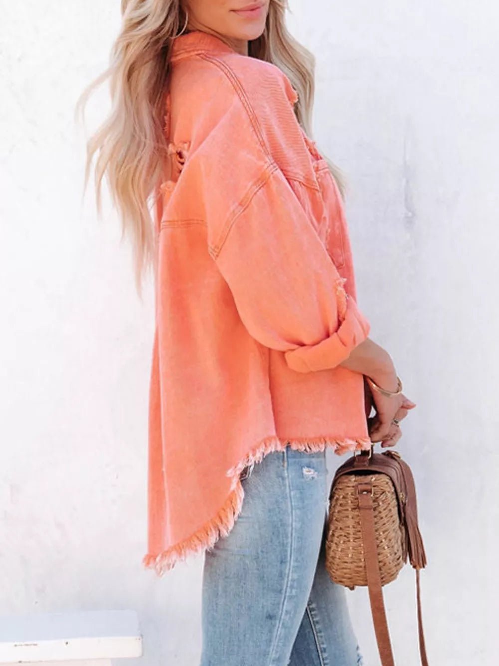 Raw Hem Button Up Denim Shacket - SuzRevera