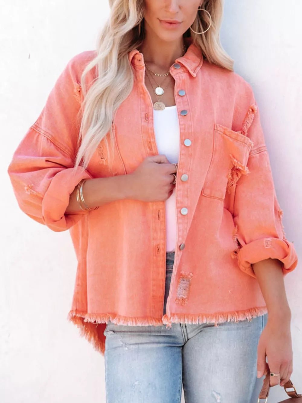 Raw Hem Button Up Denim Shacket - SuzRevera