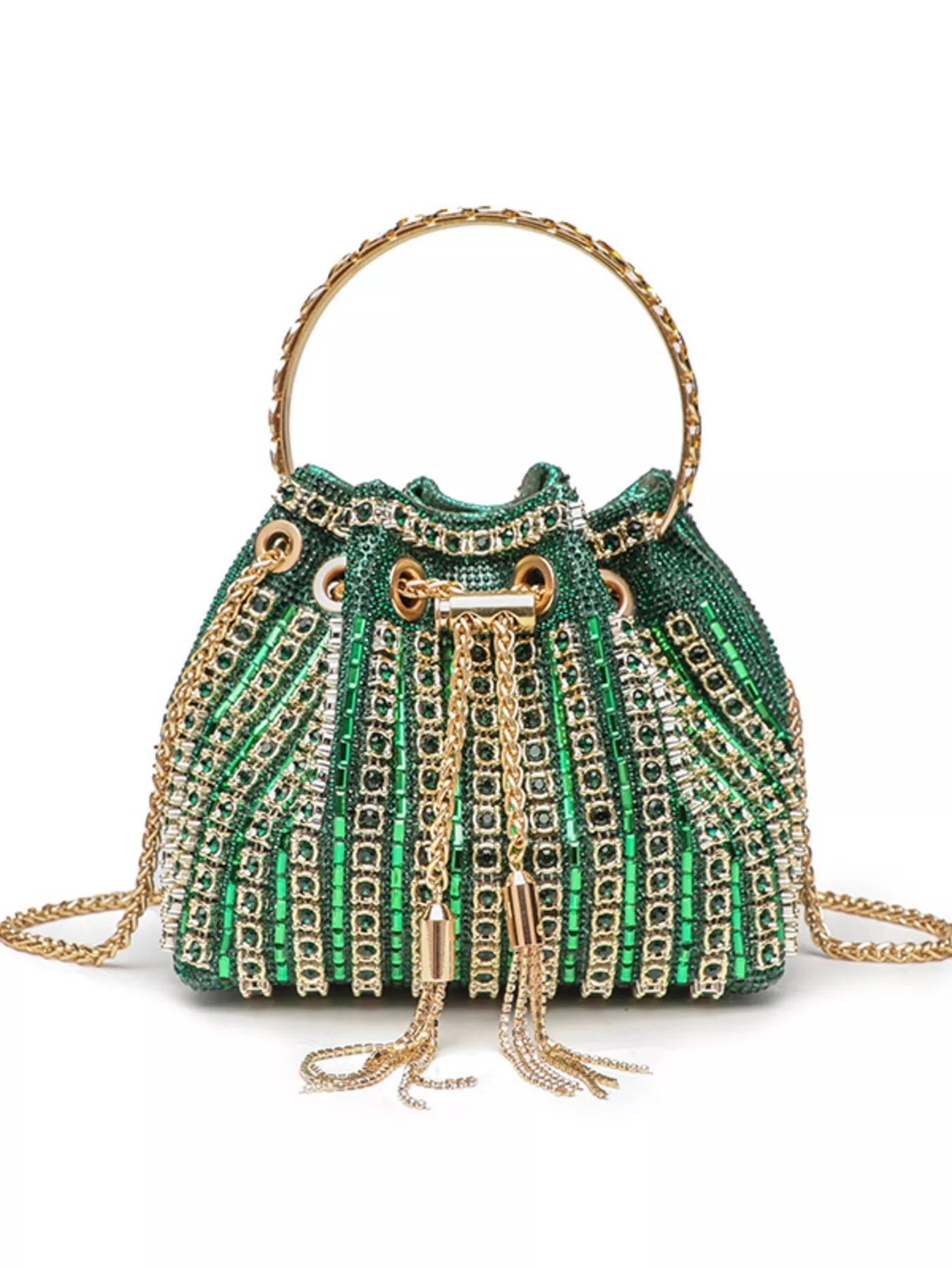 Rhinestone Embellished Bucket Crossbody Bag - SuzRevera