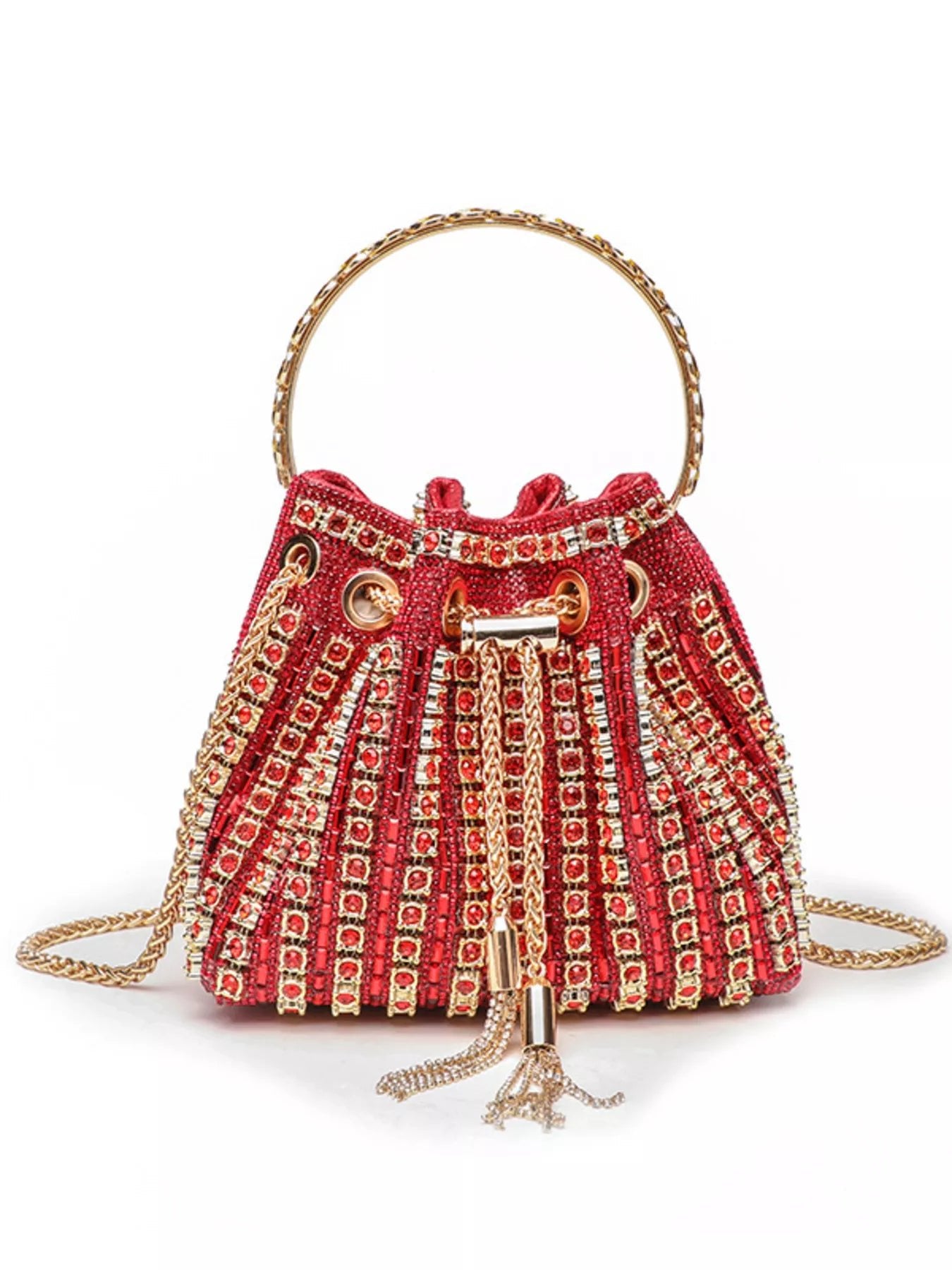 Rhinestone Embellished Bucket Crossbody Bag - SuzRevera