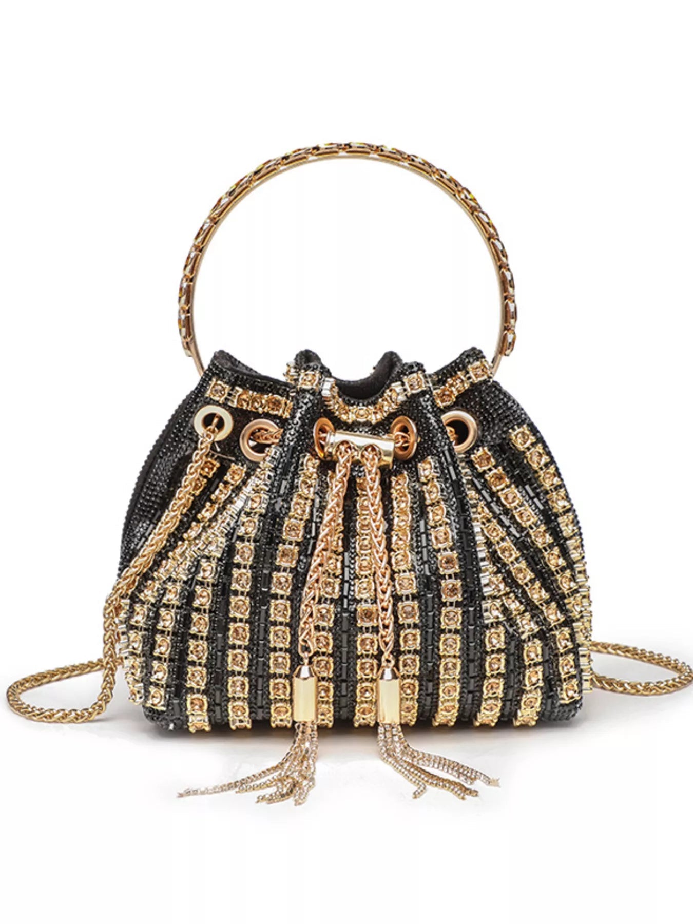 Rhinestone Embellished Bucket Crossbody Bag - SuzRevera