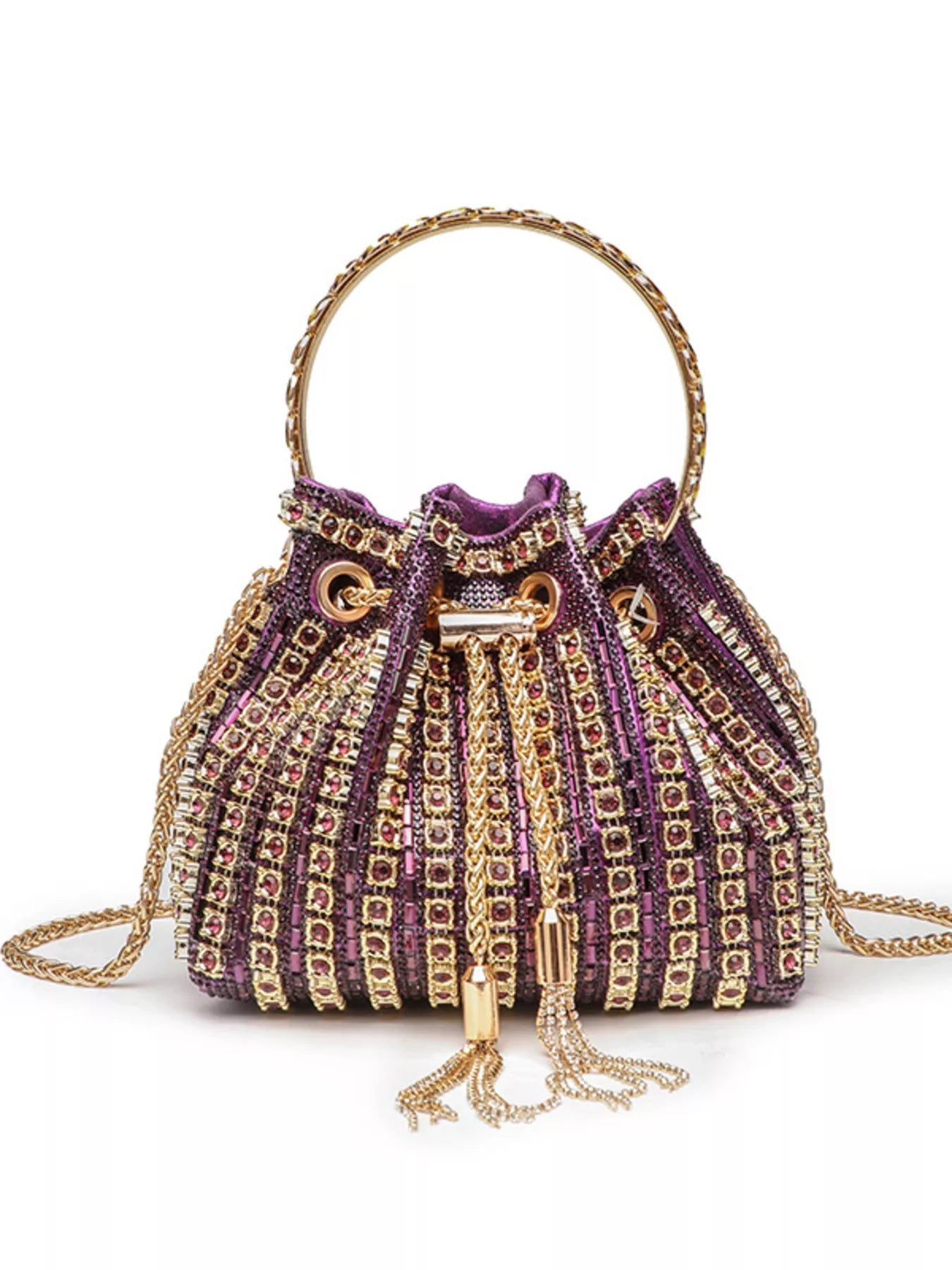 Rhinestone Embellished Bucket Crossbody Bag - SuzRevera