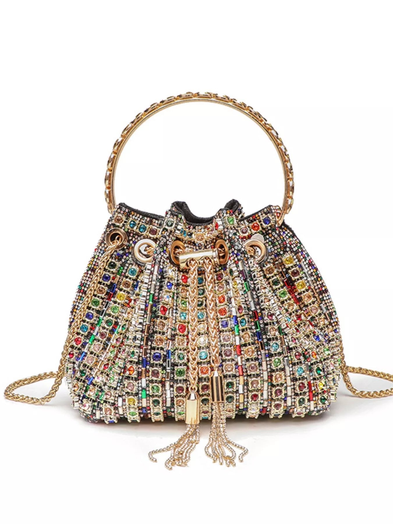 Rhinestone Embellished Bucket Crossbody Bag - SuzRevera