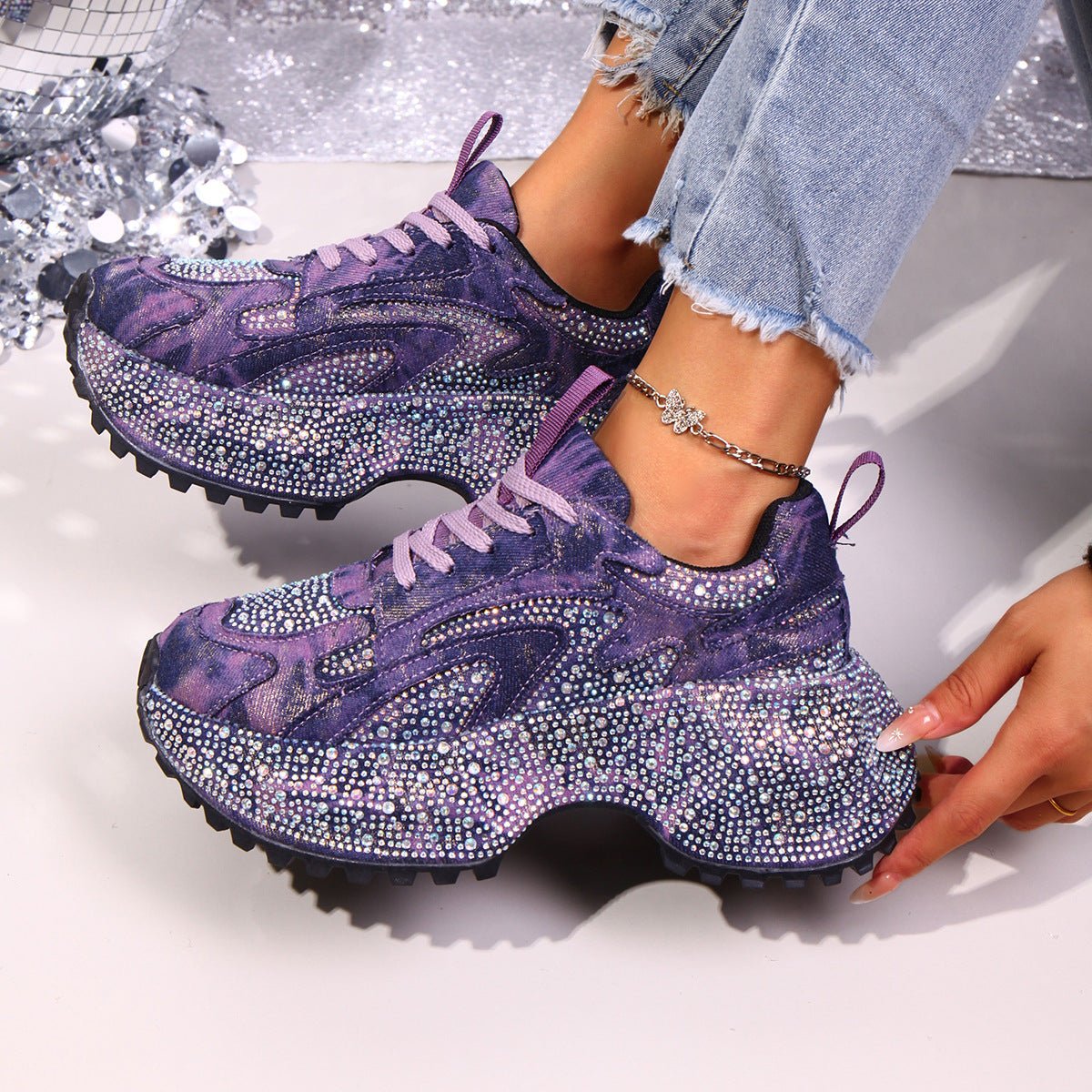 Rhinestone Lace Up Sneaker - SuzRevera