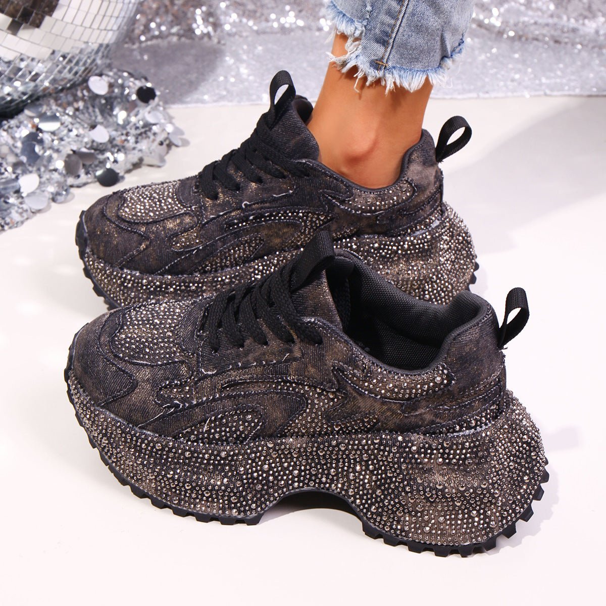 Rhinestone Lace Up Sneaker - SuzRevera
