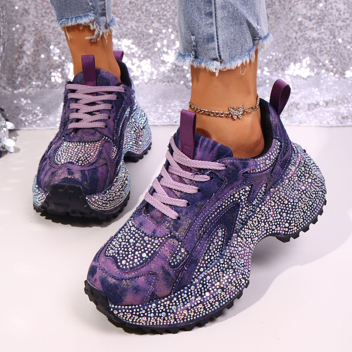 Rhinestone Lace Up Sneaker - SuzRevera