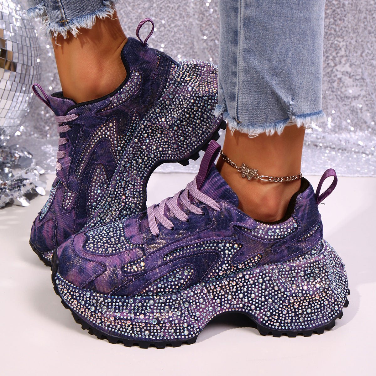 Rhinestone Lace Up Sneaker - SuzRevera