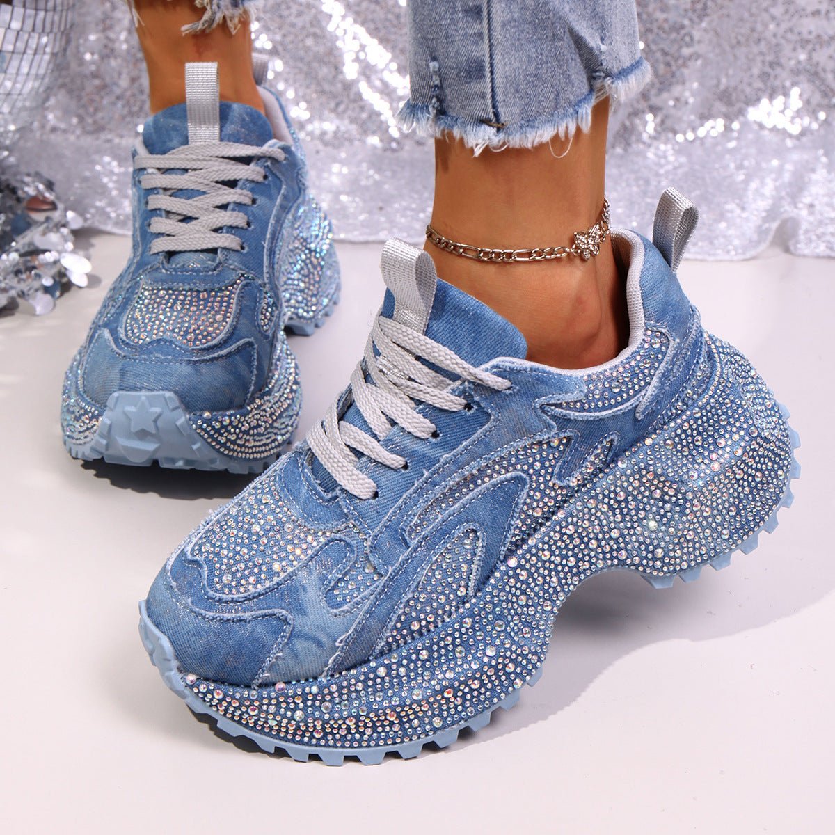 Rhinestone Lace Up Sneaker - SuzRevera
