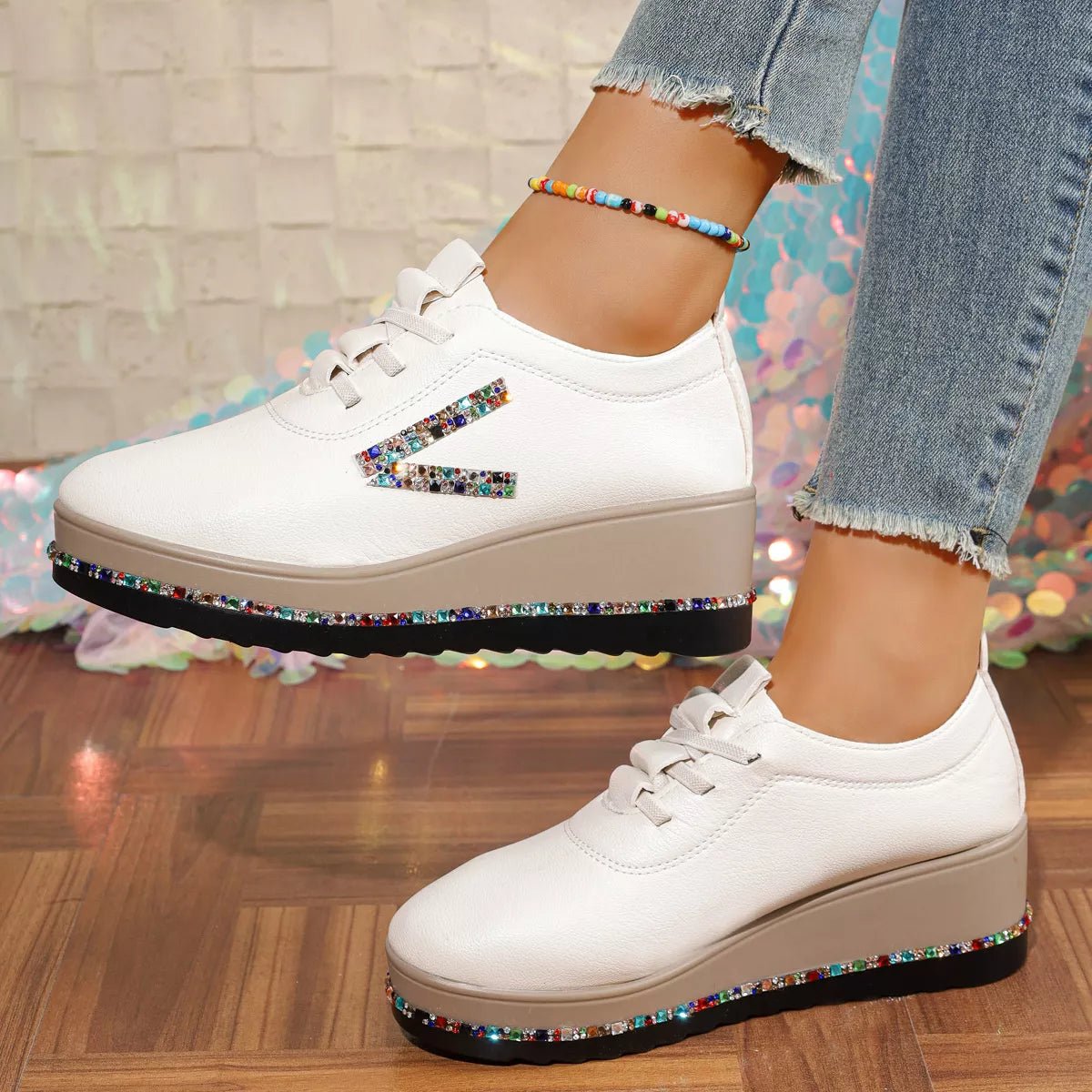 Rhinestone Round Toe Wedge Sneakers - SuzRevera
