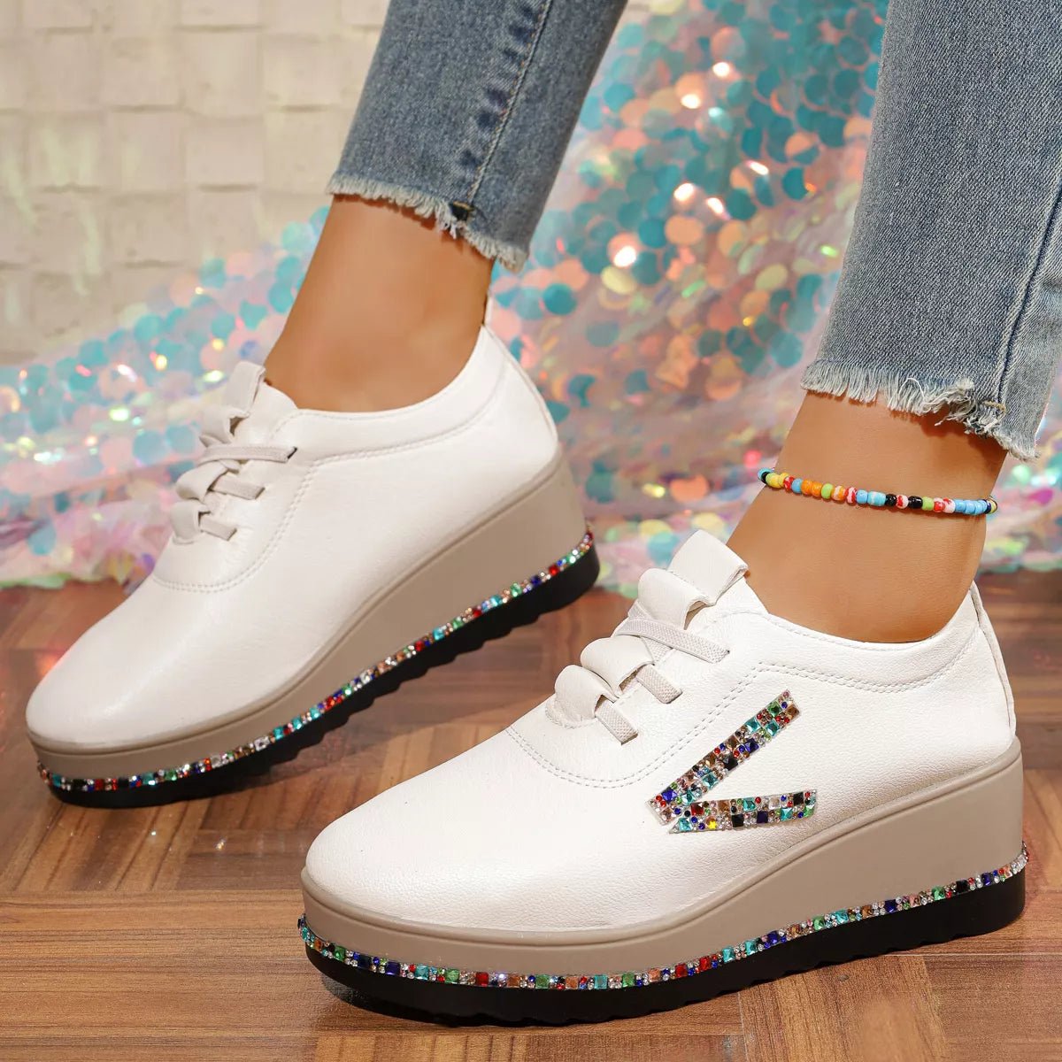 Rhinestone Round Toe Wedge Sneakers - SuzRevera
