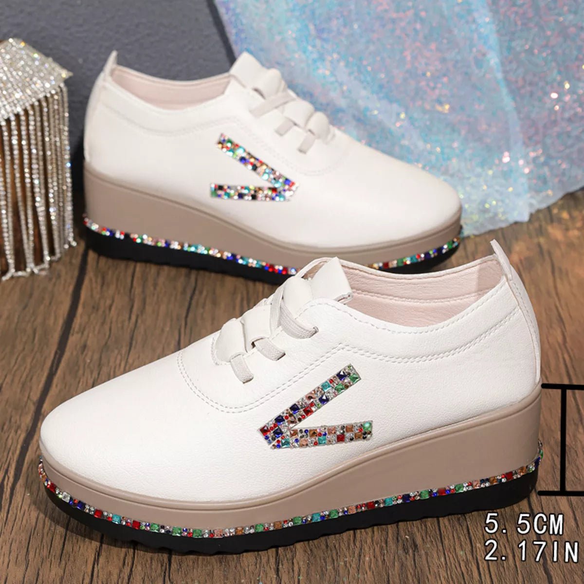 Rhinestone Round Toe Wedge Sneakers - SuzRevera