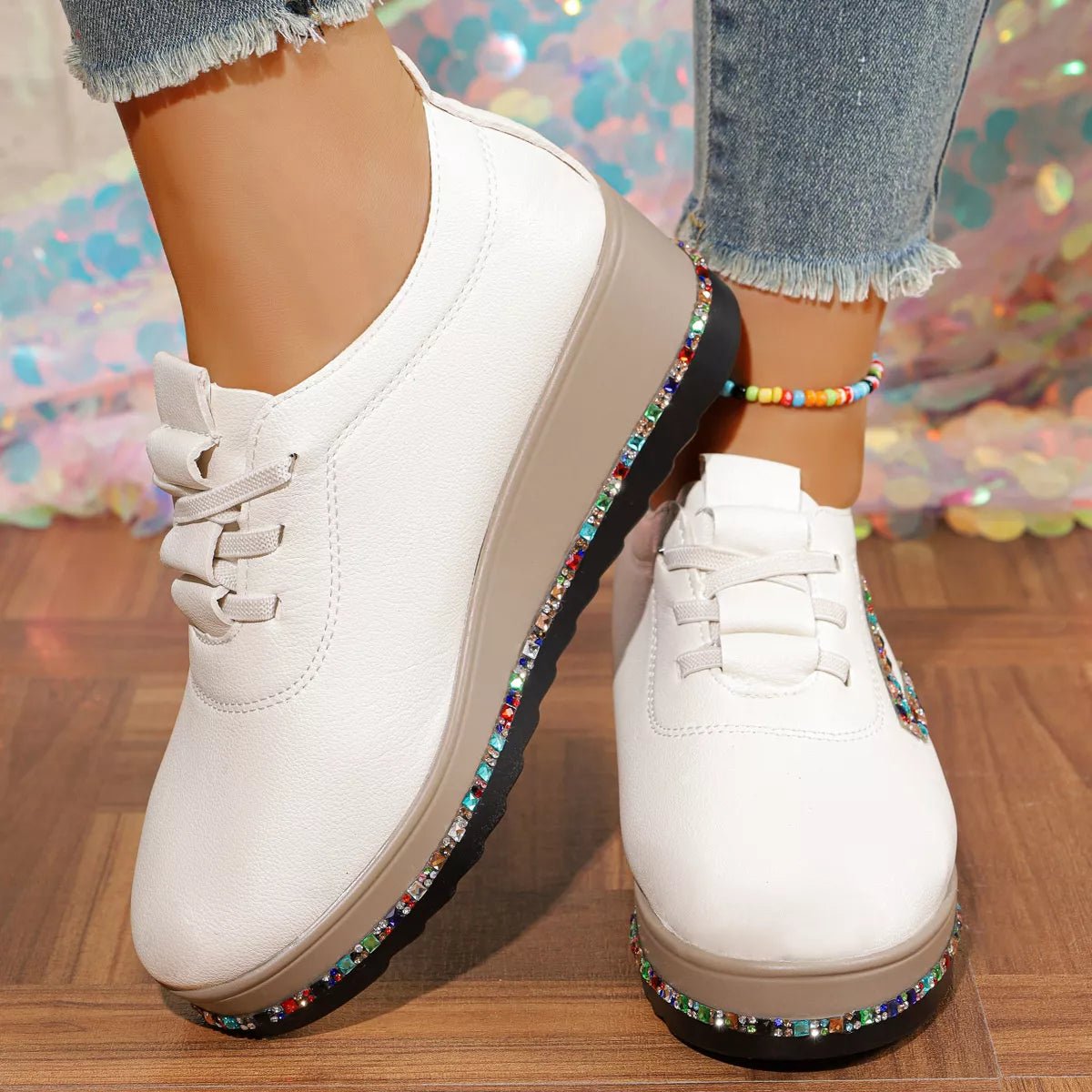 Rhinestone Round Toe Wedge Sneakers - SuzRevera