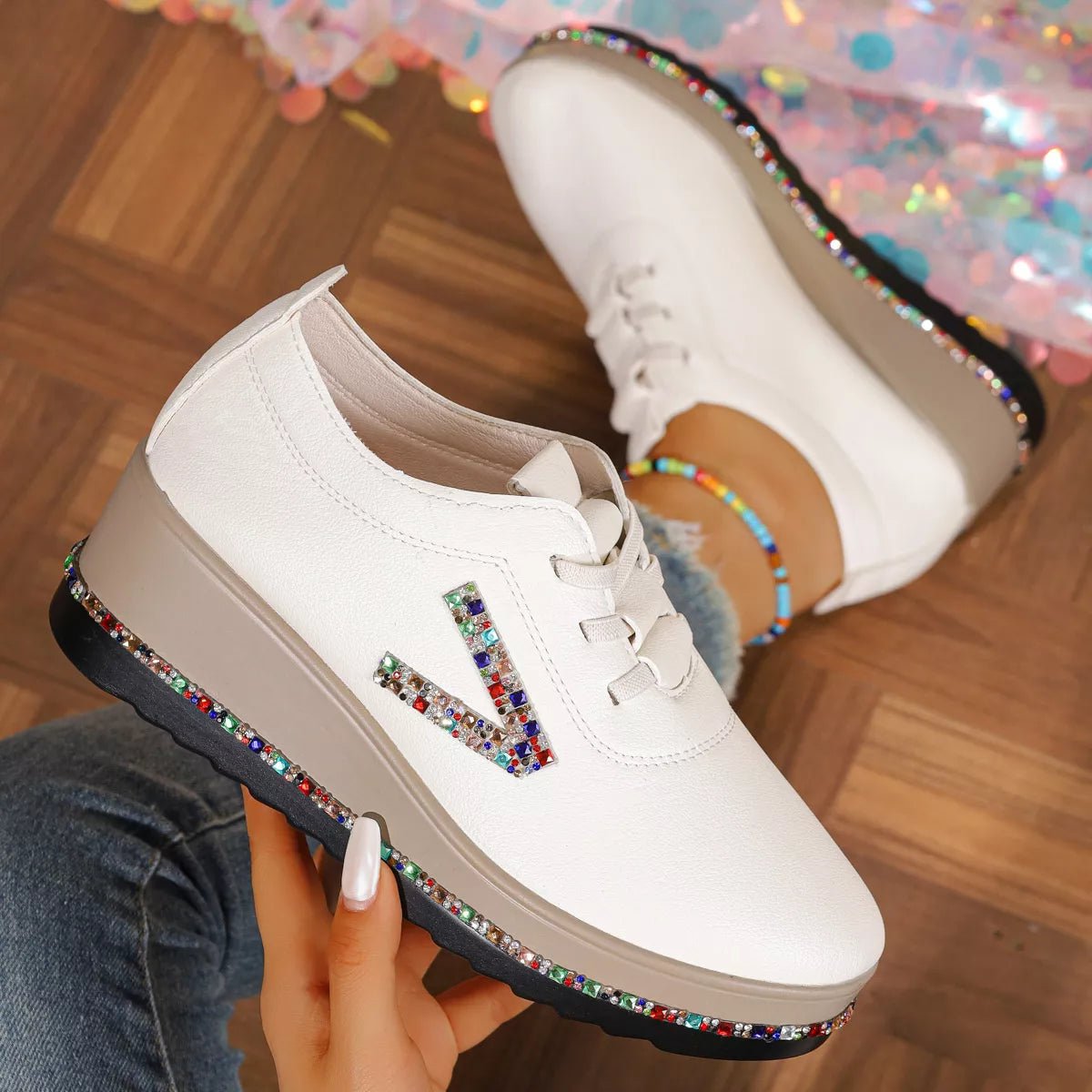 Rhinestone Round Toe Wedge Sneakers - SuzRevera