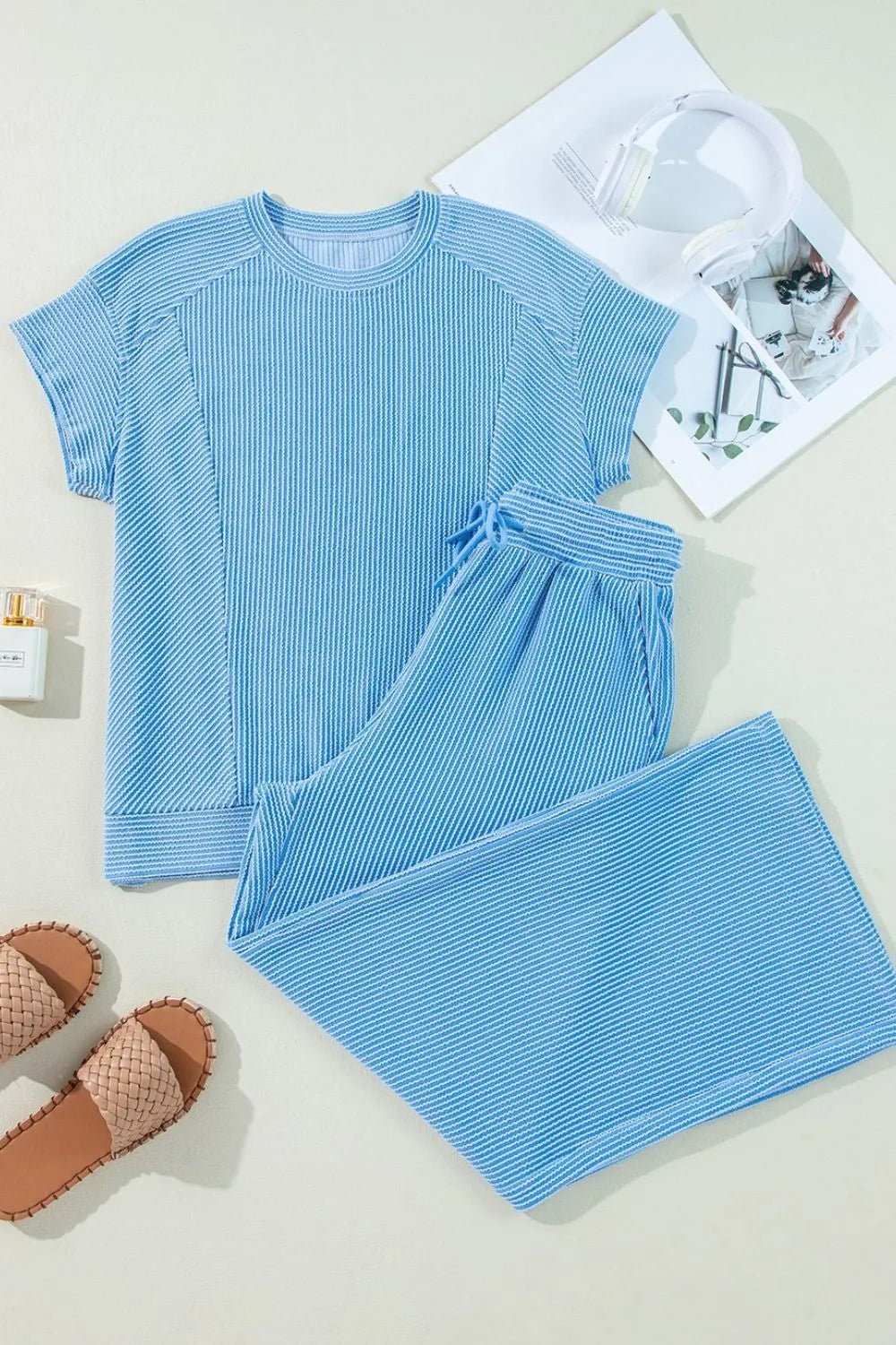 Ribbed Knit Round Neck Top and Pants Casual Set - SuzRevera
