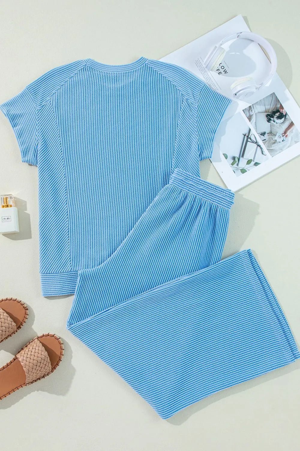 Ribbed Knit Round Neck Top and Pants Casual Set - SuzRevera