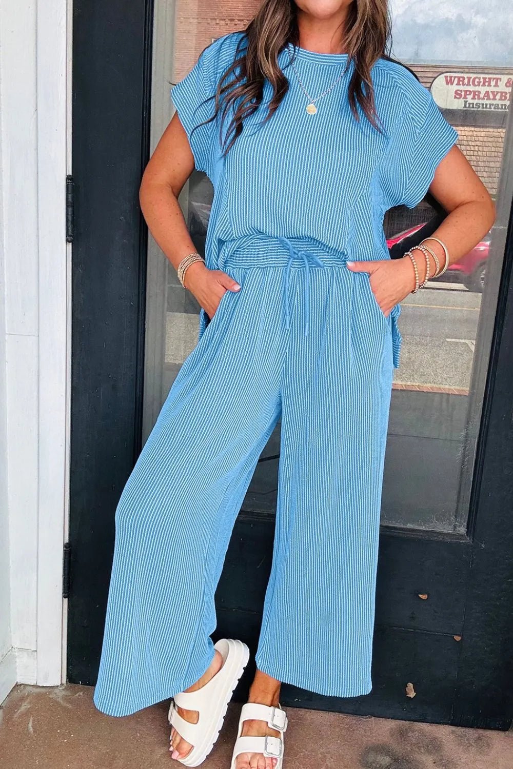 Ribbed Knit Round Neck Top and Pants Casual Set - SuzRevera