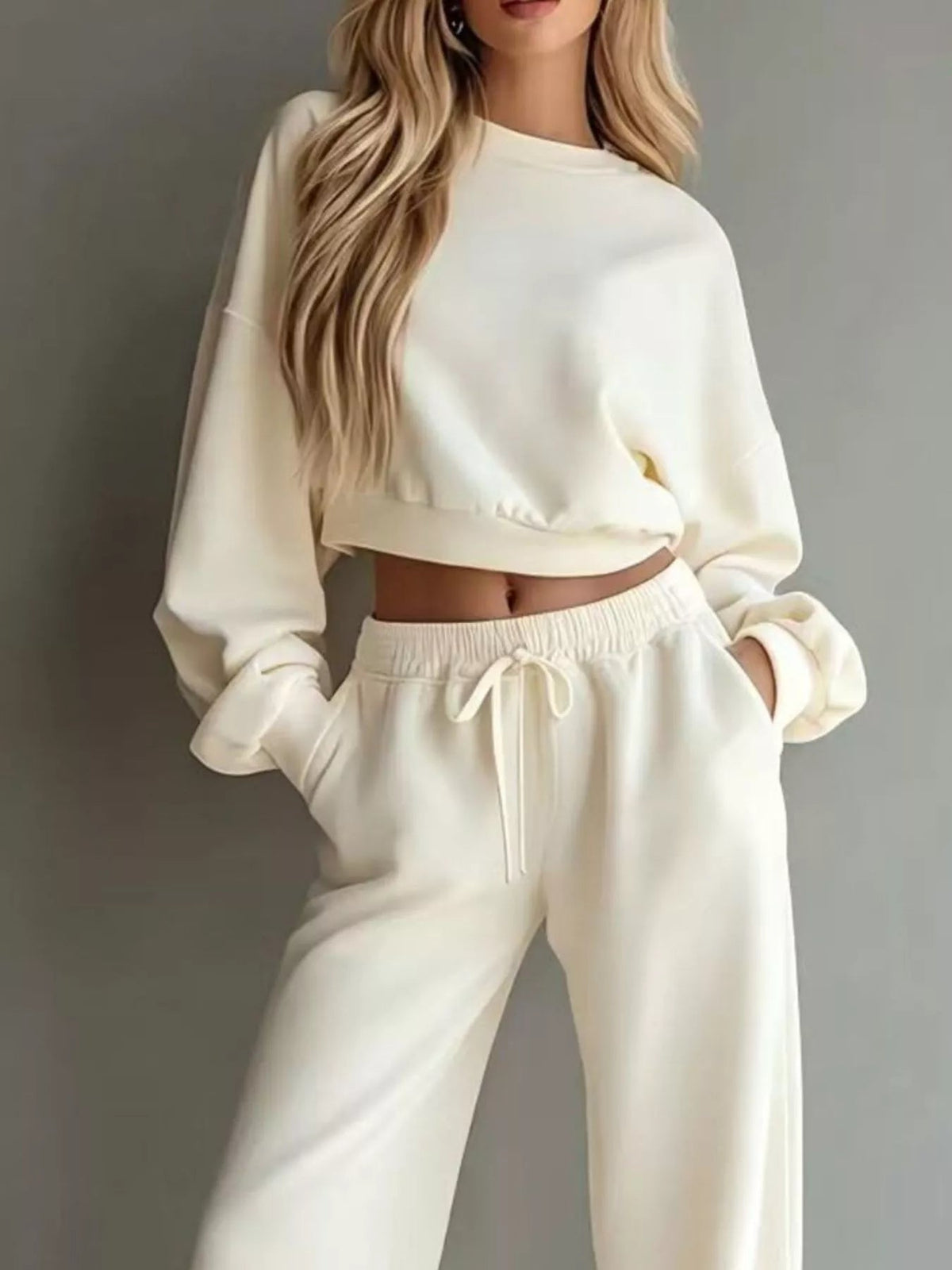 Round Neck Cropped Sweatshirt and Wide-Leg Pants - SuzRevera