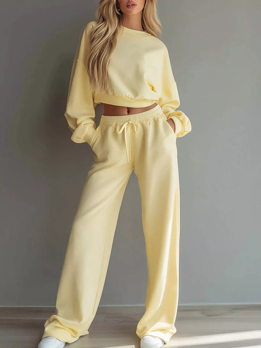 Round Neck Cropped Sweatshirt and Wide-Leg Pants - SuzRevera