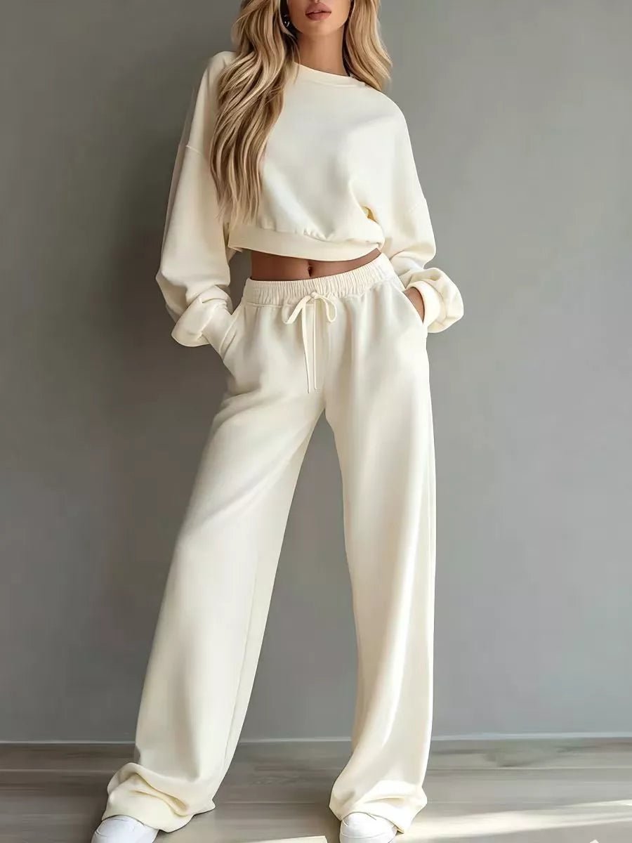 Round Neck Cropped Sweatshirt and Wide-Leg Pants - SuzRevera