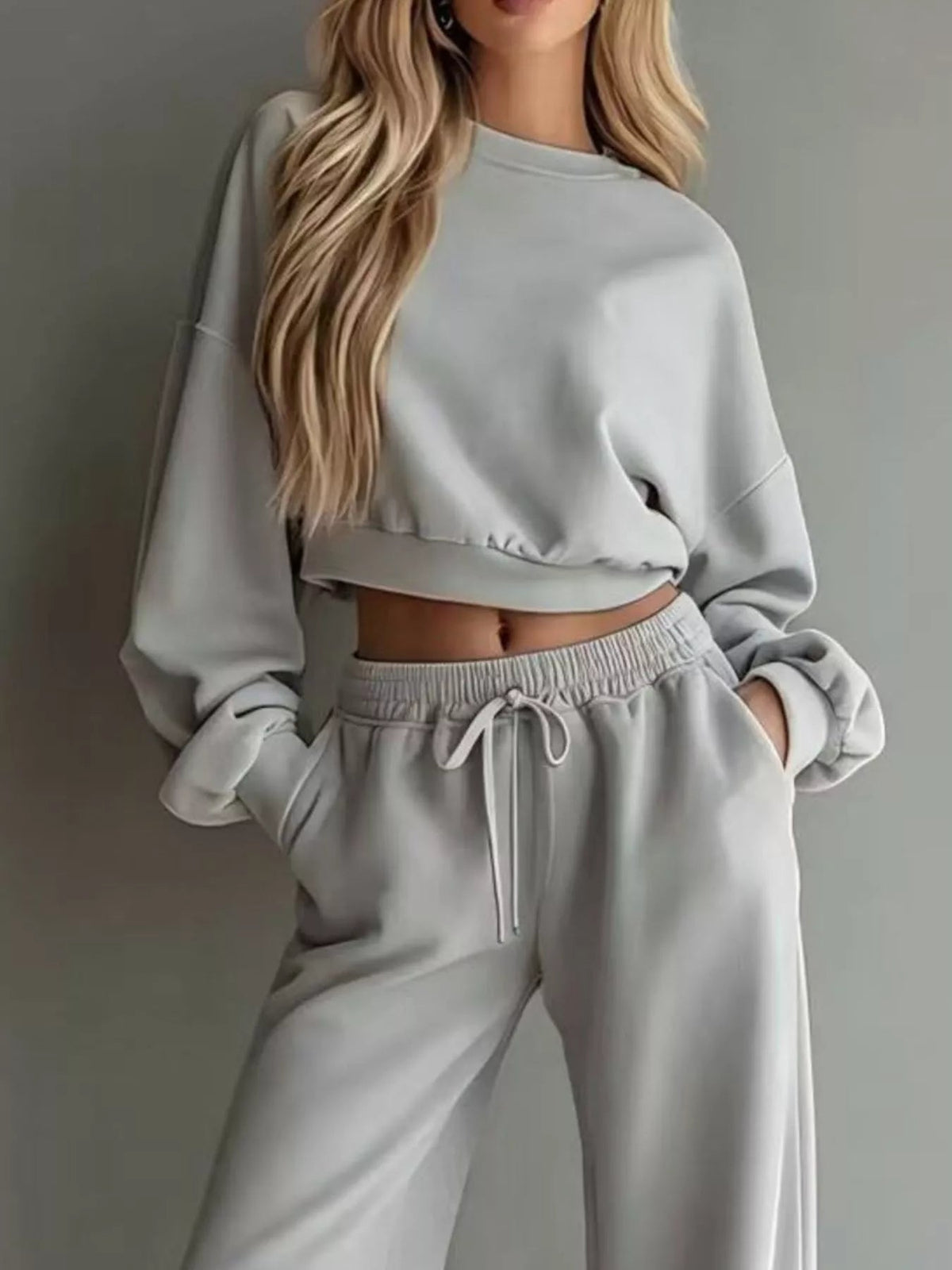 Round Neck Cropped Sweatshirt and Wide-Leg Pants - SuzRevera
