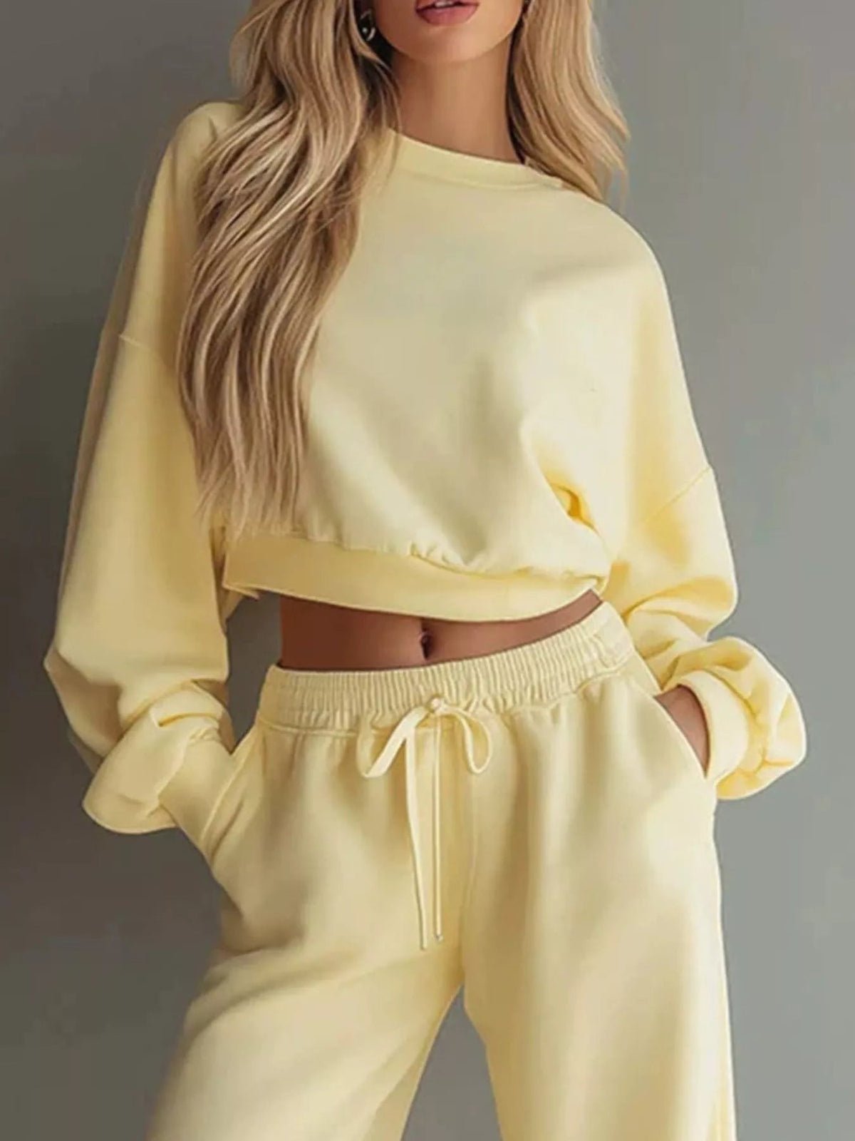 Round Neck Cropped Sweatshirt and Wide-Leg Pants - SuzRevera