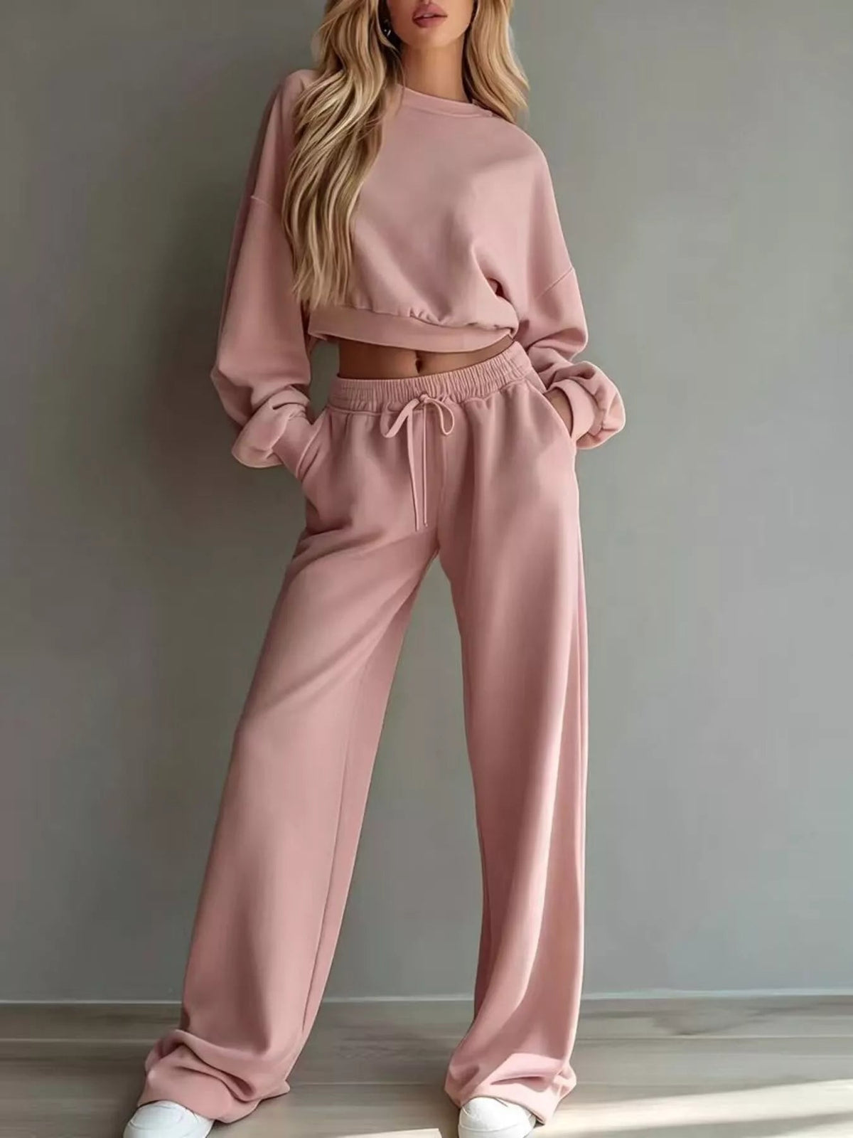 Round Neck Cropped Sweatshirt and Wide-Leg Pants - SuzRevera