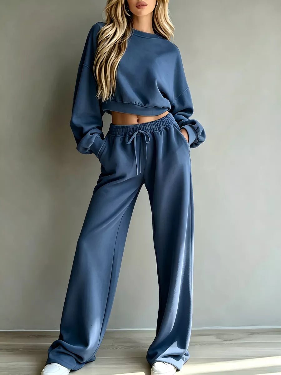 Round Neck Cropped Sweatshirt and Wide-Leg Pants - SuzRevera
