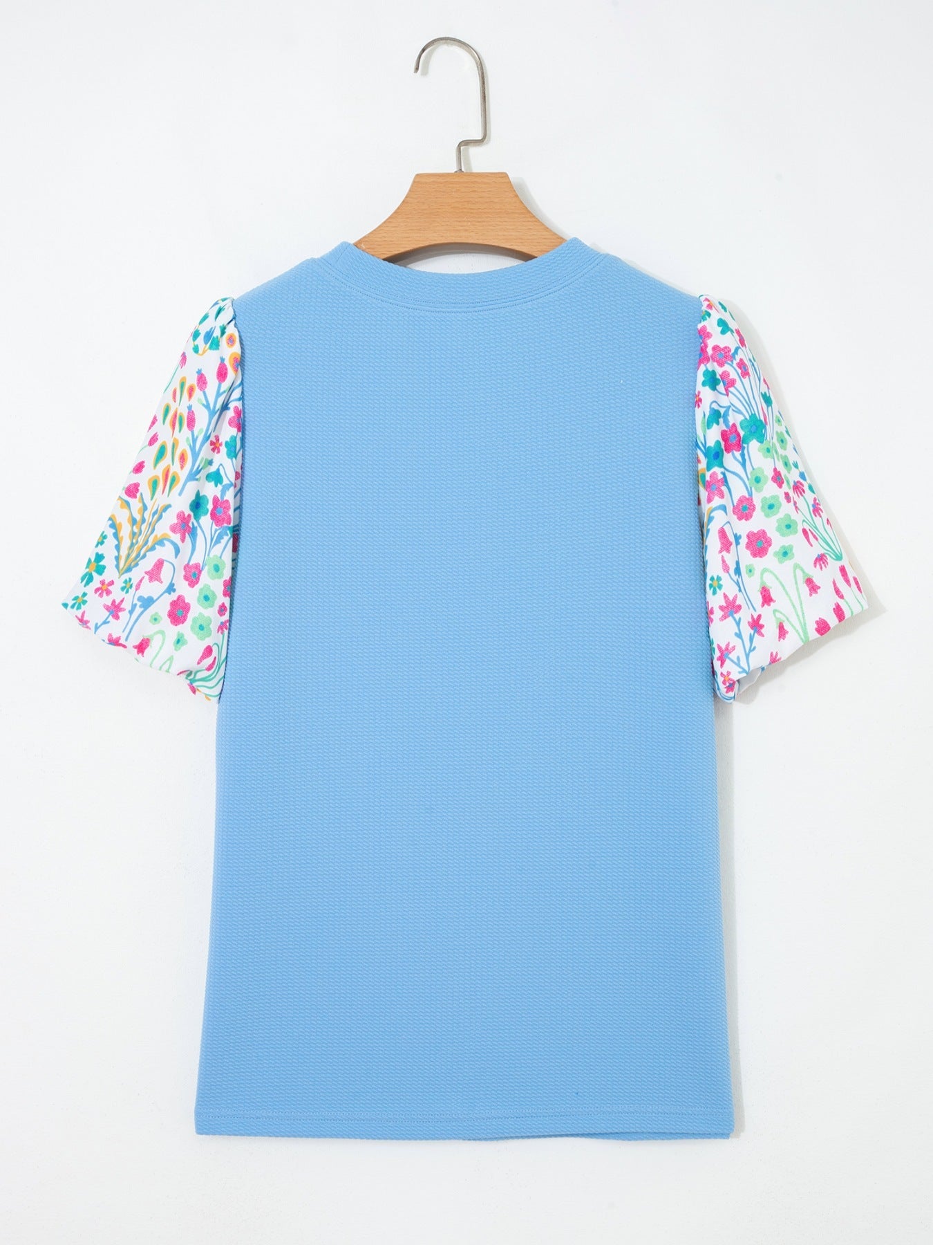 Round Neck Textured Contrast Floral Bubble Sleeve Blouse - SuzRevera