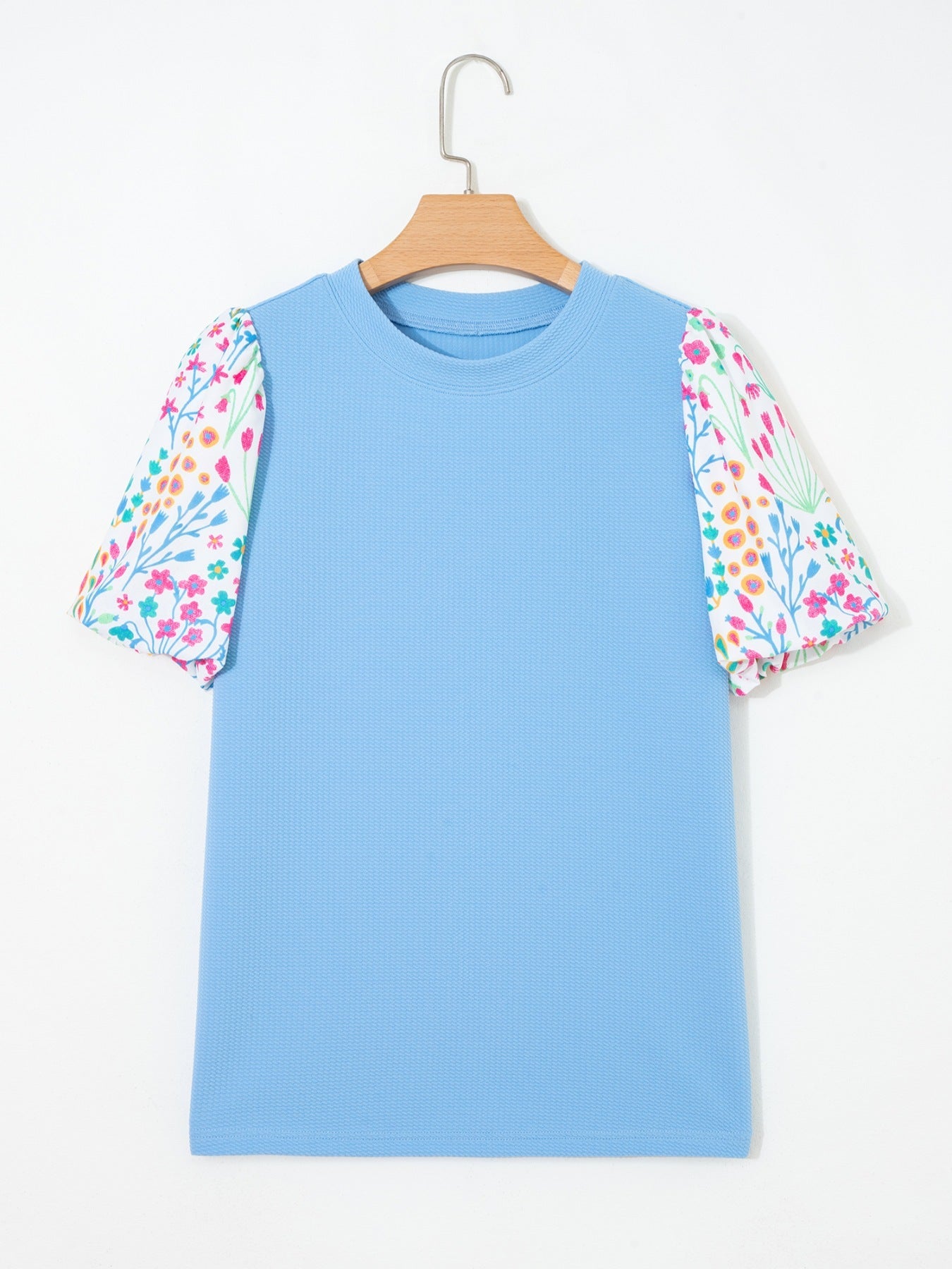Round Neck Textured Contrast Floral Bubble Sleeve Blouse - SuzRevera