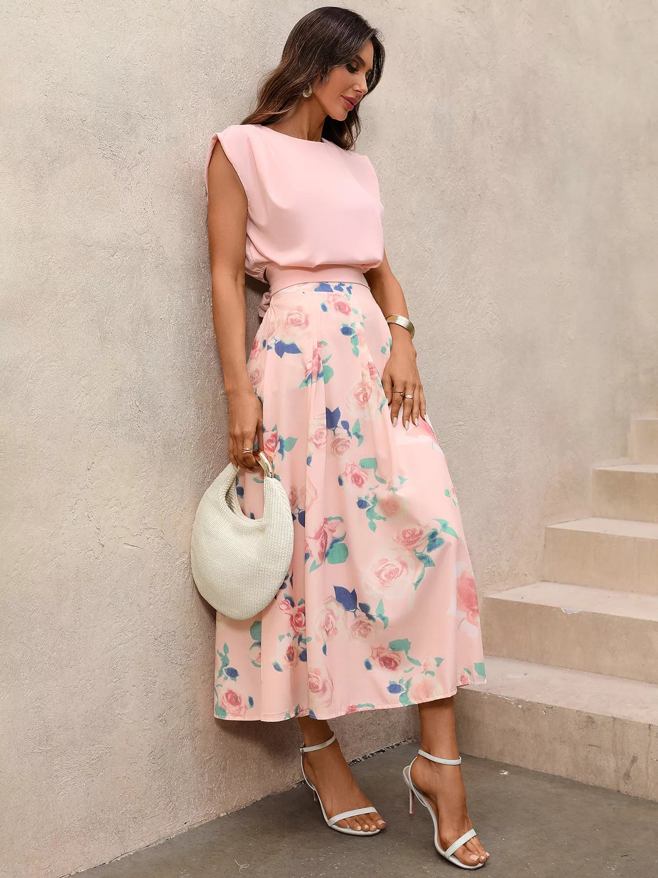 Round Neck Top and Floral Print Skirt Two - Piece Set - SuzRevera
