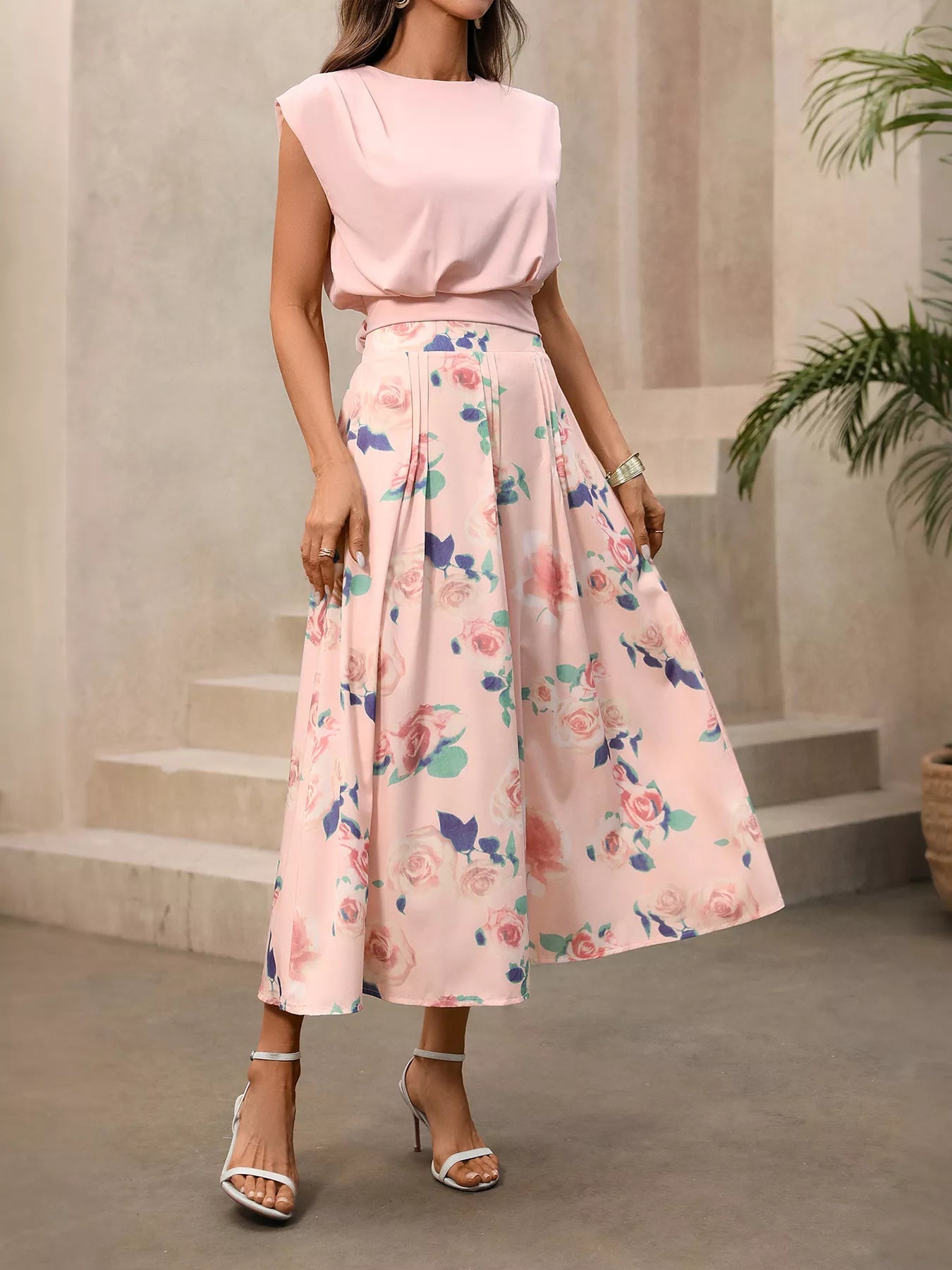 Round Neck Top and Floral Print Skirt Two - Piece Set - SuzRevera