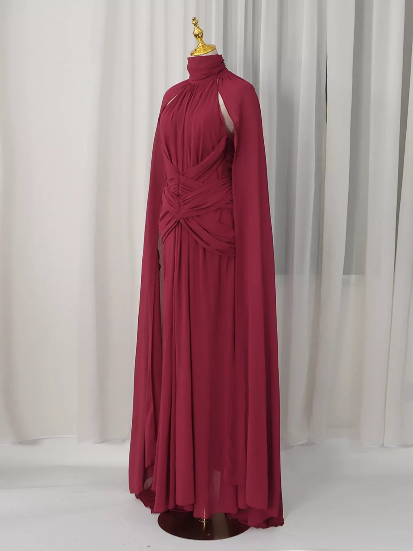 Ruched Halter Neck Cape Maxi Dress - SuzRevera