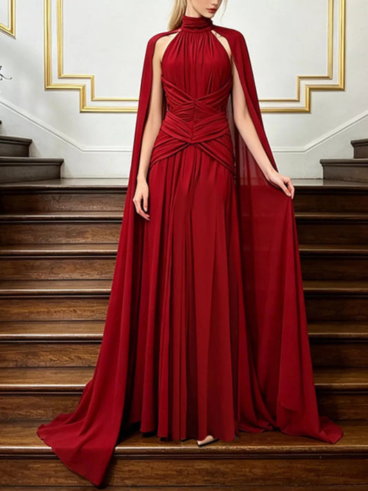 Ruched Halter Neck Cape Maxi Dress - SuzRevera