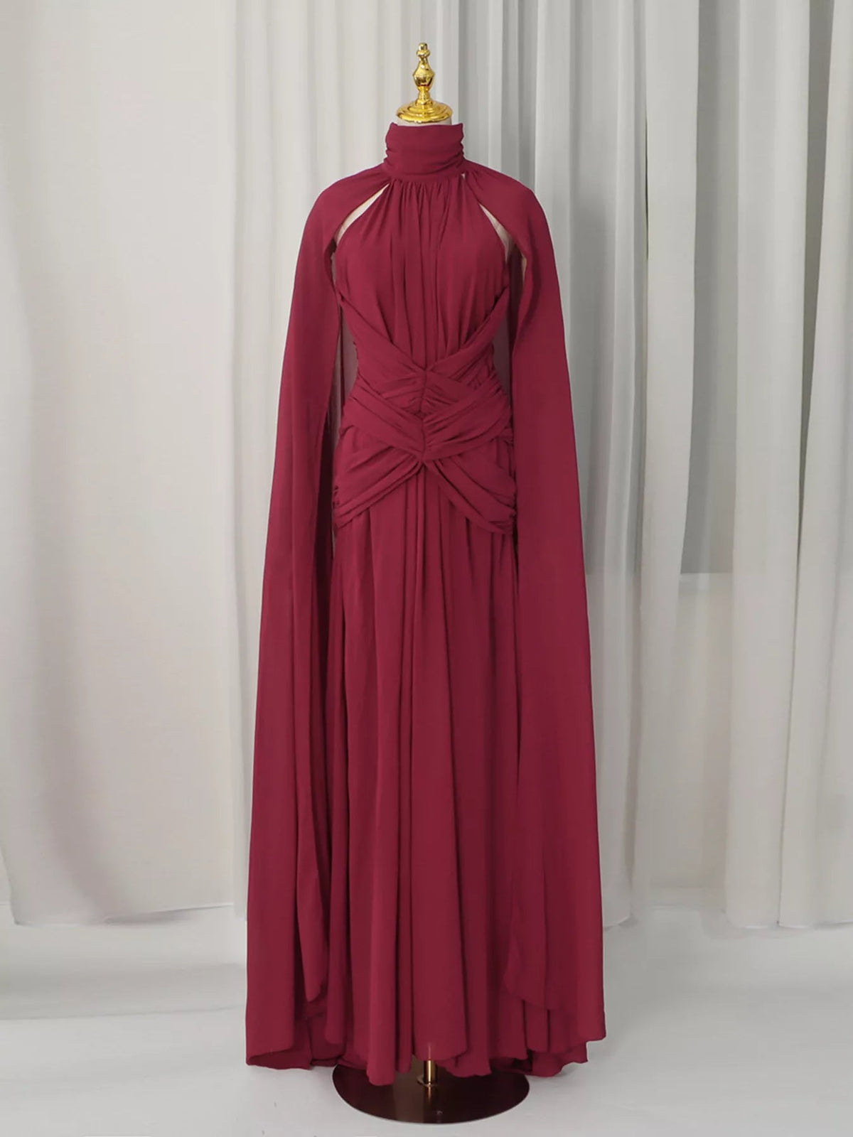 Ruched Halter Neck Cape Maxi Dress - SuzRevera