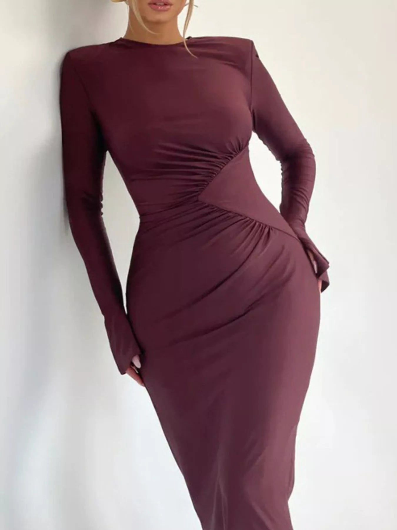Ruched Long Sleeve Bodycon Maxi Dress - SuzRevera