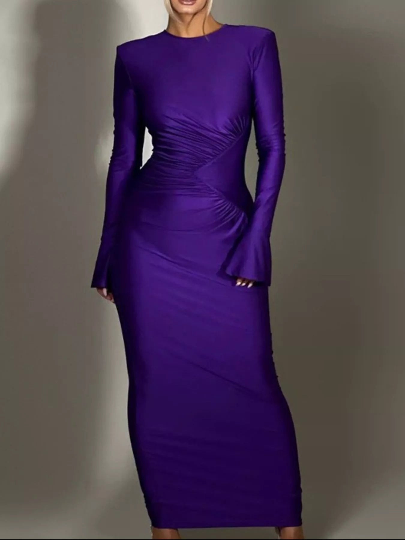 Ruched Long Sleeve Bodycon Maxi Dress - SuzRevera