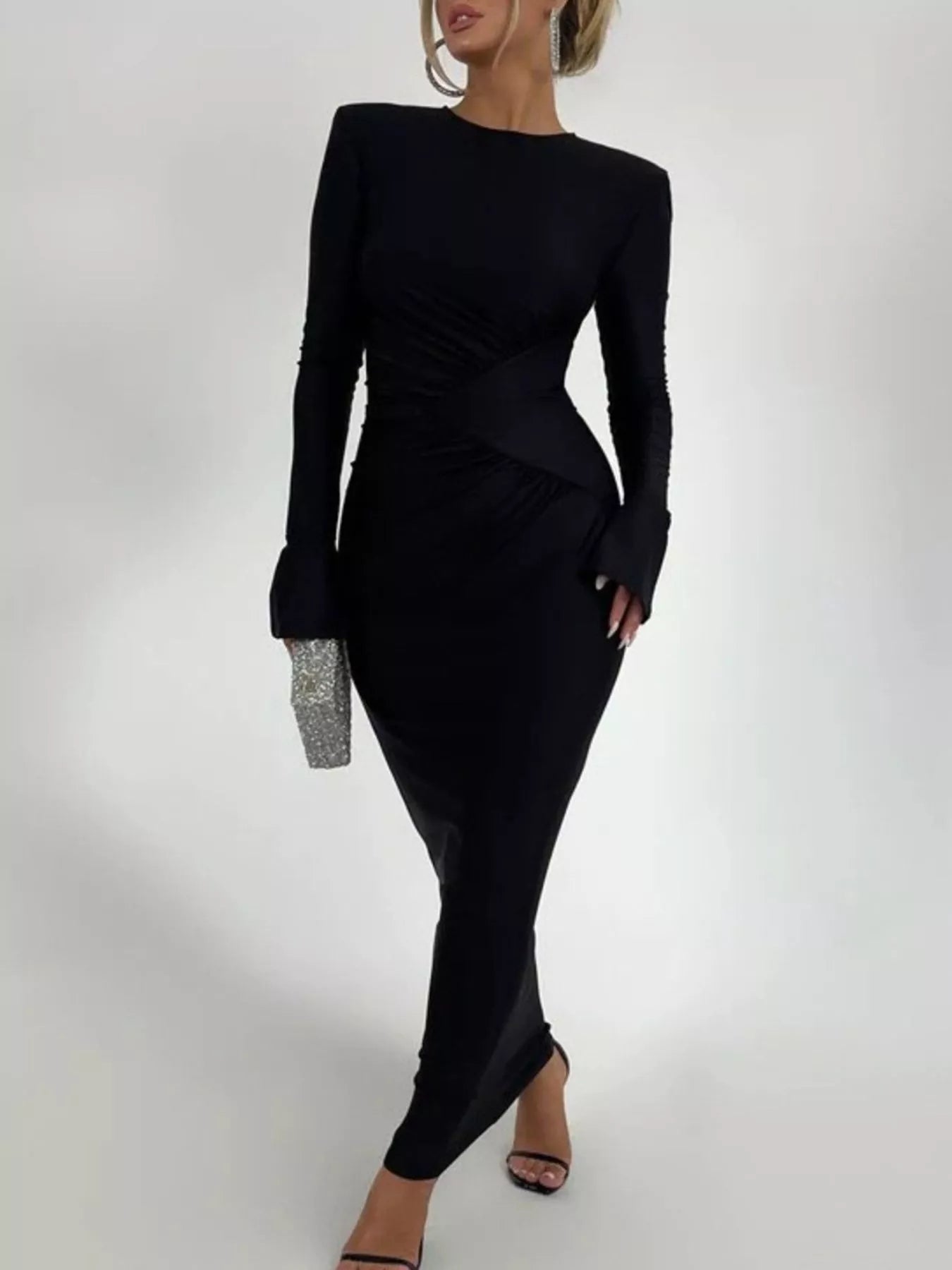 Ruched Long Sleeve Bodycon Maxi Dress - SuzRevera