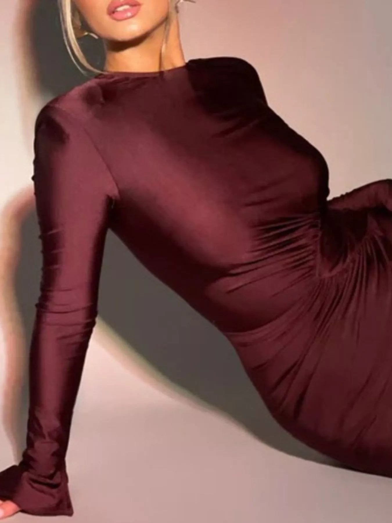 Ruched Long Sleeve Bodycon Maxi Dress - SuzRevera