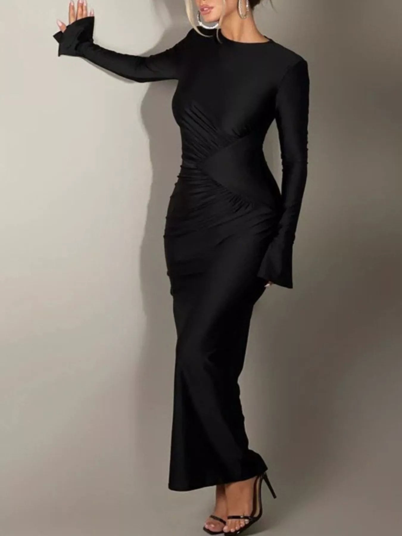 Ruched Long Sleeve Bodycon Maxi Dress - SuzRevera