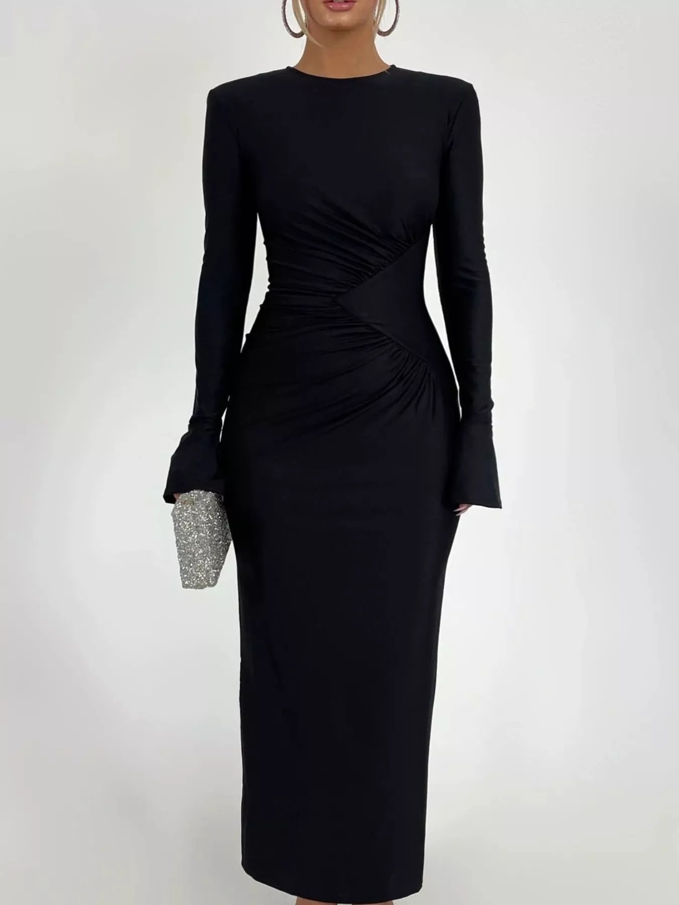 Ruched Long Sleeve Bodycon Maxi Dress - SuzRevera